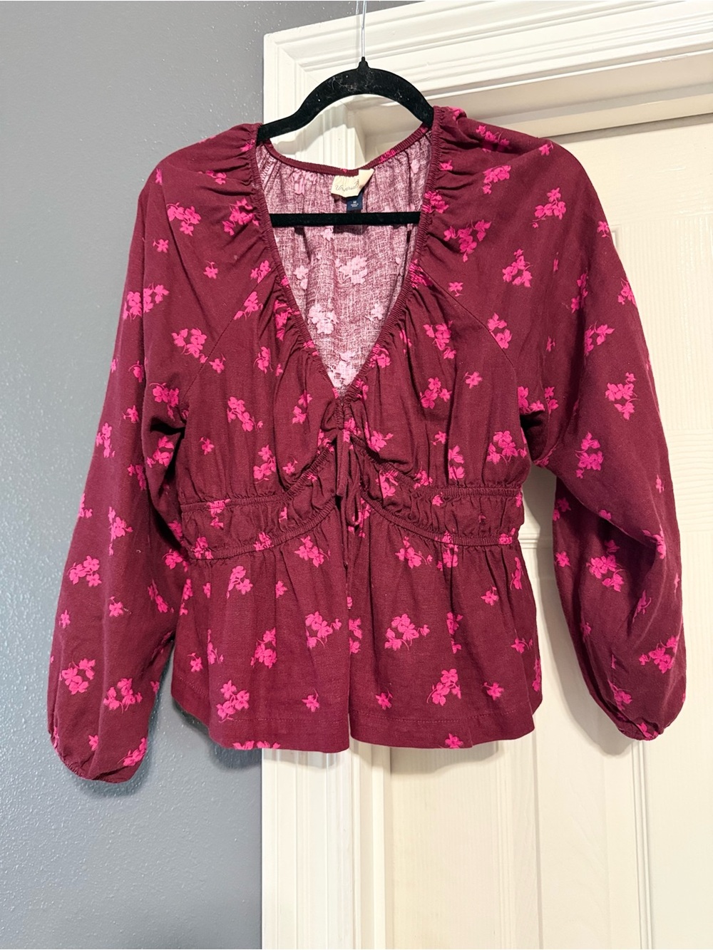 Old Navy Burgundy Floral Tie-Front Blouse with Pink Accents